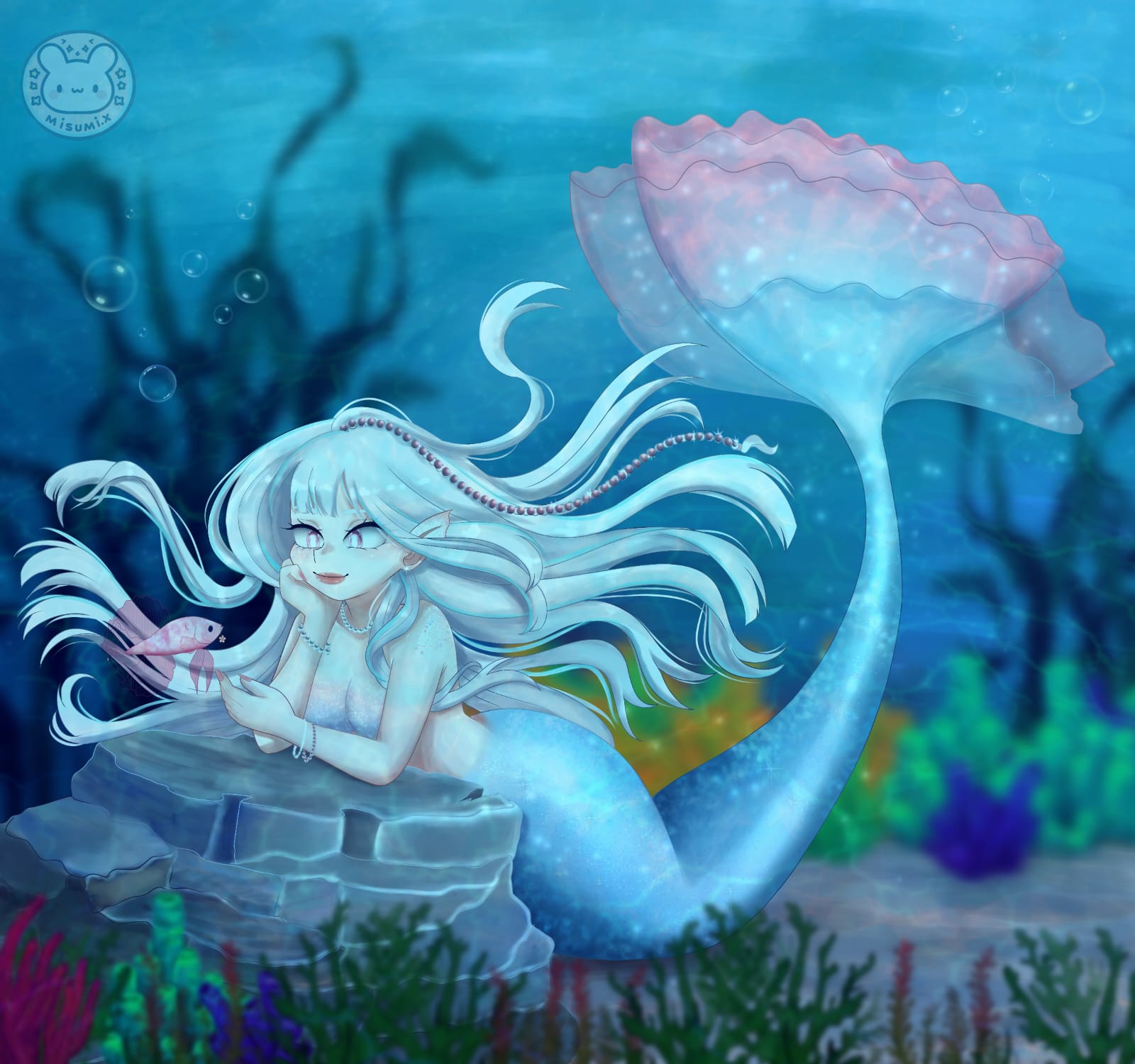 Mermaid original character resting on a rock underwater