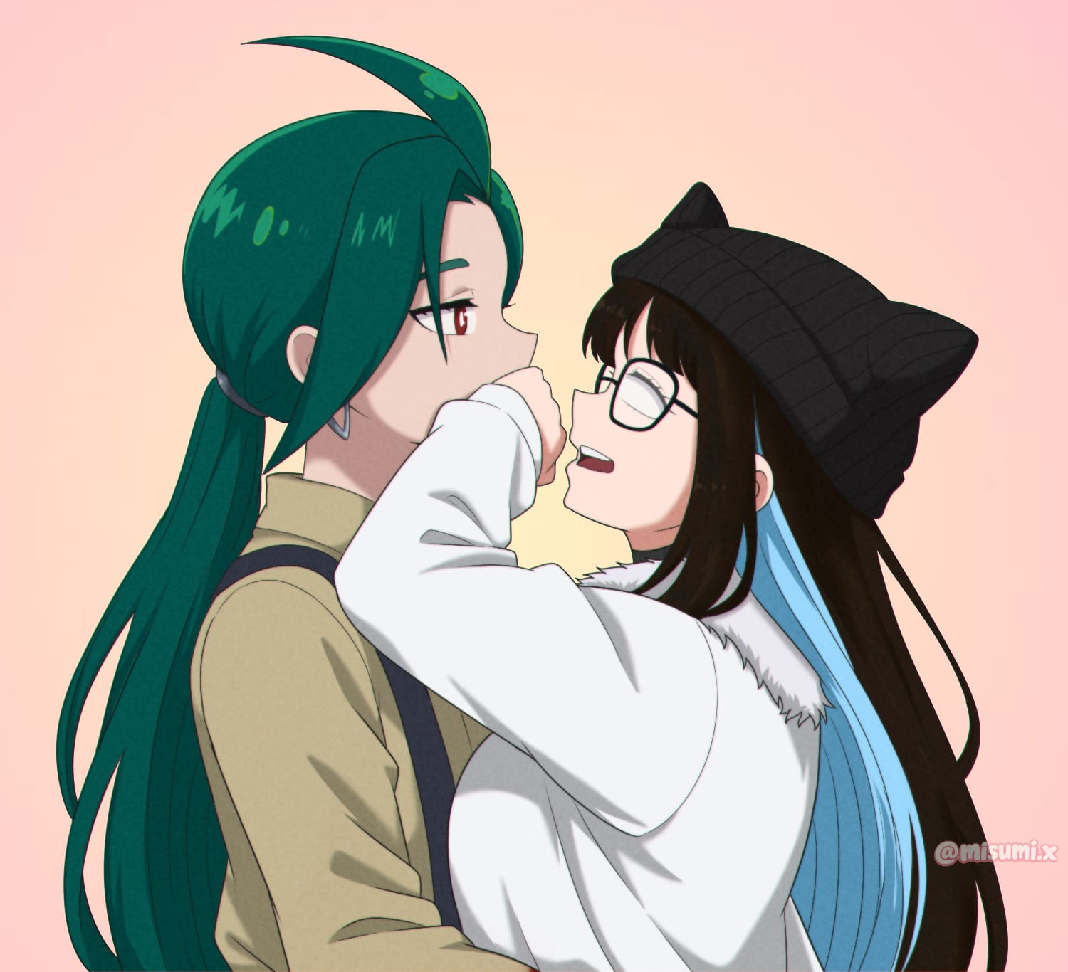 Two original characters in a close, tender moment