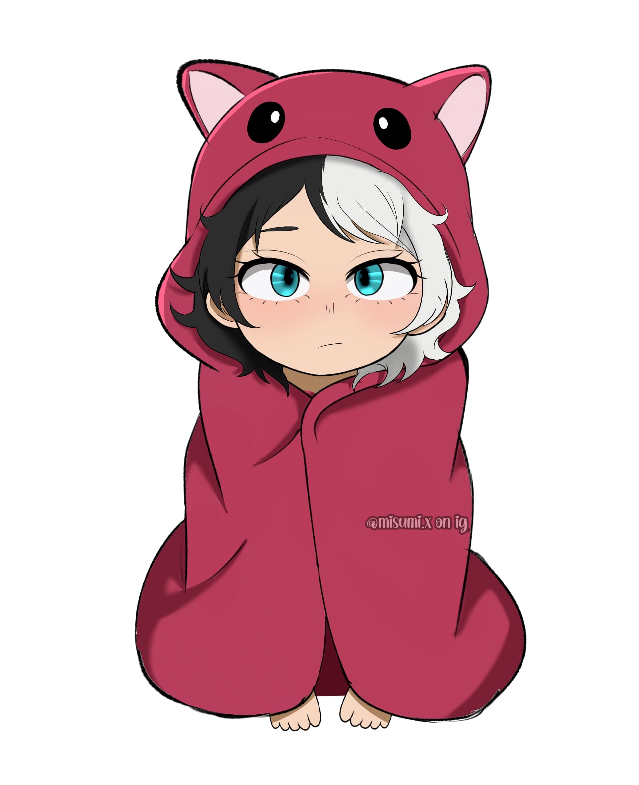 Chibi character wrapped in a cat-eared blanket
