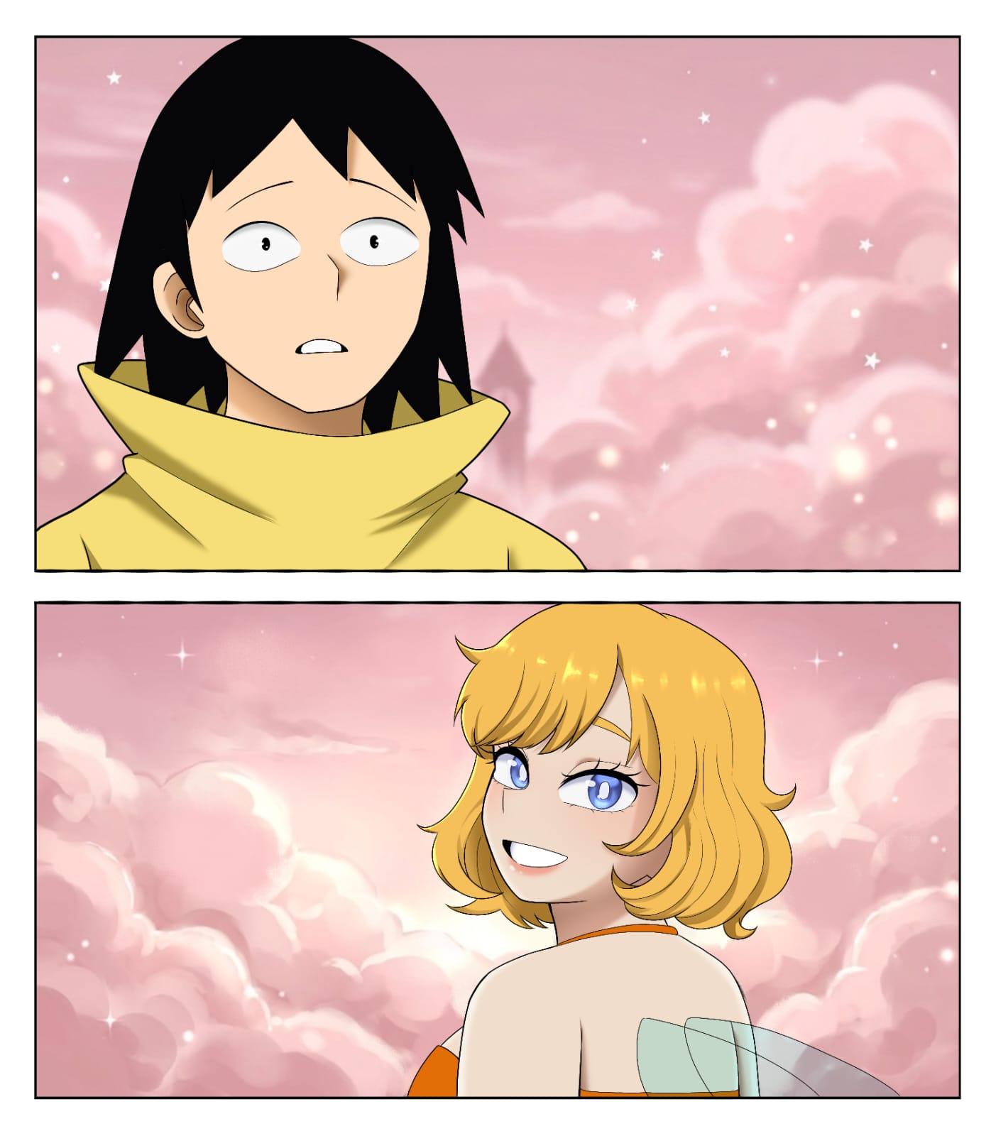 Two-panel comic moment between two characters