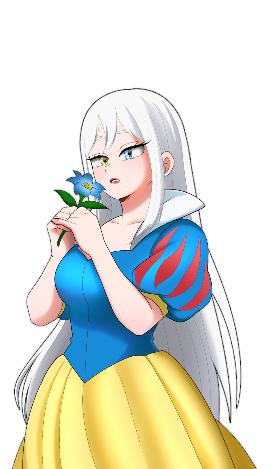 Character illustration in a blue and yellow dress holding a flower